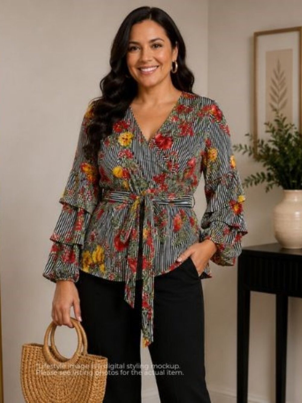 Rainbow Floral Stripe Wrap Blouse 2X Tie Waist Tiered Bell Sleeves Cotton